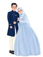 
This is a digital illustration of a Muslim wedding couple. The groom is wearing a dark blue traditional outfit while the bride is wearing a light blue dress with a hijab and a floral headdress.