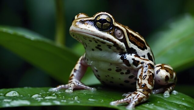 close-up of an Amazon Milk Frog perched gracefully on a large, wet tropical leaf.