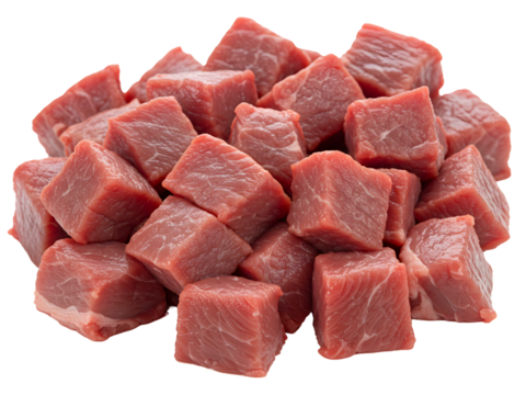 Fresh cubed raw beef isolated on a transparent background—premium red meat pieces ideal for stews, grilling, or culinary preparation, showcasing texture and quality.
