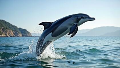 Fototapeta premium Playful dolphin jumping out of the ocean waves against a stunning coastal backdrop