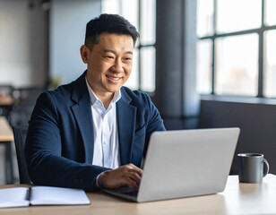 Smiling asian businessman working on laptop in modern office space