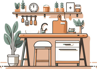 Cozy Kitchen Interior: Simple Line Art Illustration