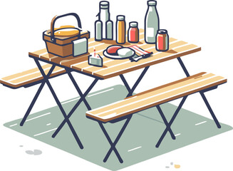 Rustic Picnic Table with Food and Drinks,  Summertime Illustration