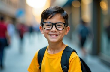 a boy with glasses . in a yellow T-shirt, with a backpack, looks at the camera and smiles, against a blurry background