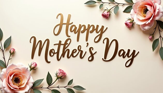 Happy Mother's Day greeting with golden text and floral decorations on a soft background