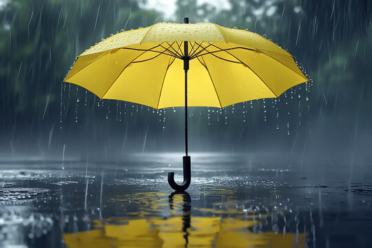 Bright Yellow Umbrella Standing in Heavy Rain on a Wet Surface Creating a Beautiful Reflection of the Umbrella