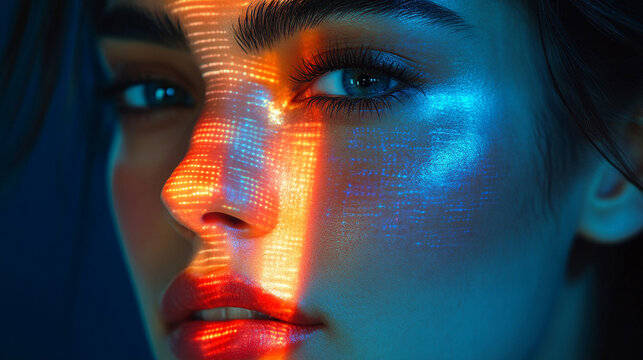 Deepfake concept of a young woman with digital data overlay on her face. Futuristic AI, neural networks, and cyber security visualization of digital identity and face recognition.