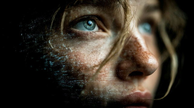 Deepfake concept of a young woman with digital data overlay on her face. Futuristic AI, neural networks, and cyber security visualization of digital identity and face recognition. - Powered by Adobe