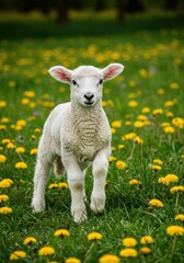 Fototapeta premium Adorable White Lamb in a Dandelion Field