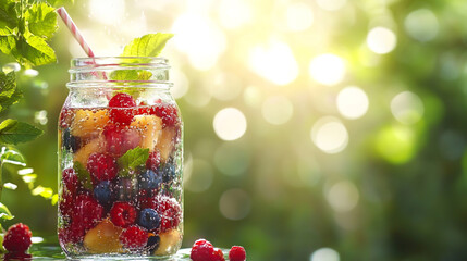 Mason jar with fruit and berries in water, with sunlight and a bokeh background.