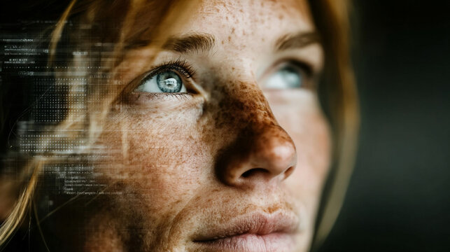 Deepfake concept of a young woman with digital data overlay on her face. Futuristic AI, neural networks, and cyber security visualization of digital identity and face recognition. - Powered by Adobe