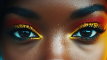 Obraz premium Close-up of a woman with red and gold eye makeup and dark eyelashes. Great for beauty blogs, cosmetic ads, or fashion design projects.
