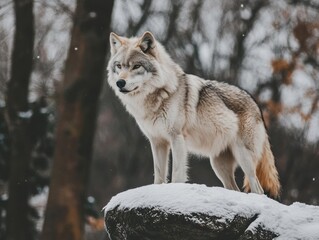 Fototapeta premium Portrait of a wolf on a rock in the winter forest.