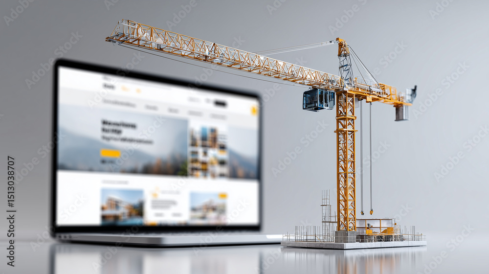 Wall mural a construction crane placing a website image block onto a homepage layout, website building visualiz