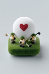 Golfing figures gather around a heart-themed golf ball on a green base celebrating family love for the sport. Family Golf Month