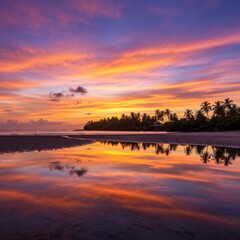 Obraz premium Vibrant Sunset Over Tropical Beach With Palm Trees