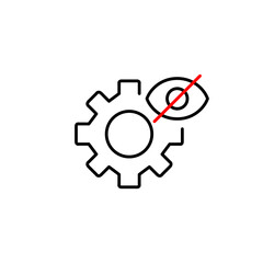 Vector icon of cogwheel with crossed-out eye, representing restricted access, concealed controls, or disabled features. Ideal for admin panels, security apps, and privacy settings