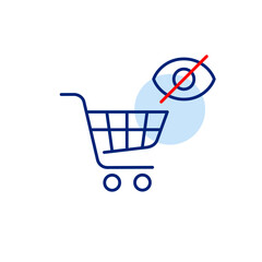 Vector icon of shopping cart with crossed-out eye, symbolizing hidden purchases, private shopping, or restricted cart access. Ideal for e-commerce apps, privacy settings, and retail platforms