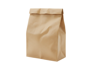 A clean, high-resolution image of a brown paper lunch bag with a neatly folded top, isolated on a transparent background (PNG), ideal for eco-friendly packaging designs, product mockups, food delivery