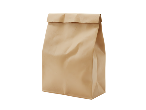 A clean, high-resolution image of a brown paper lunch bag with a neatly folded top, isolated on a transparent background (PNG), ideal for eco-friendly packaging designs, product mockups, food delivery