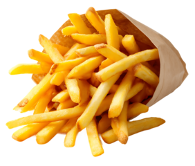 Crispy and Golden French Fries in a Paper Bag Isolated on Transparent
