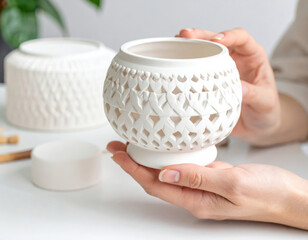 White Ceramic Vase with Unique Geometric Design