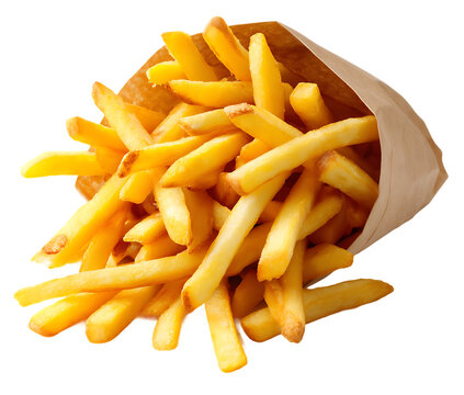 Crispy and Golden French Fries in a Paper Bag Isolated on Transparent