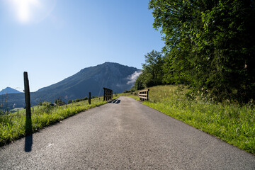 Sunny mountain road with wooden bridge railing in scenic alpine landscape
