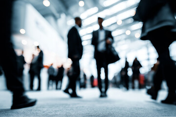 Close up, Blurred silhouettes of business professionals networking at a trade show event