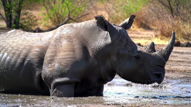 Rhino mud bath in african savanna