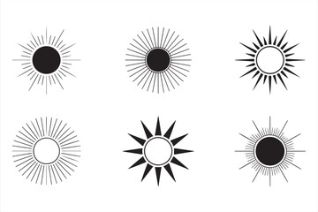 Minimalistic vector illustrations of sunburst symbols, black and white geometric sun designs with abstract rays