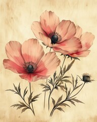 Delicate pink flowers with elegant petals and lush green leaves.