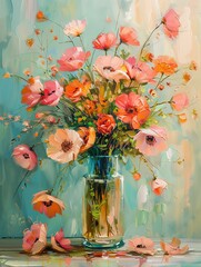 Vibrant bouquet of colorful flowers in a glass vase.