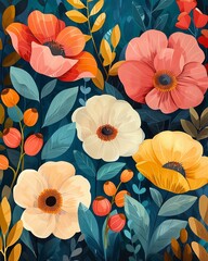 Vibrant floral design featuring colorful flowers and foliage.