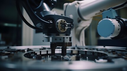 Fototapeta premium robotic arm precisely placing items on a production line, industrial automation, high-detail machinery, sharp focus 