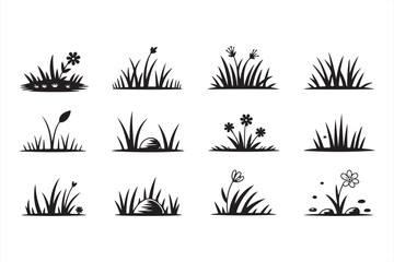 Simple Black and White Illustration of Grass with Wildflowers, Hand-drawn Style