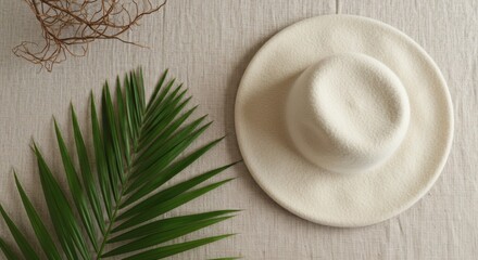 Cream hat with palm leaf on beige textile backdrop in sunlight.