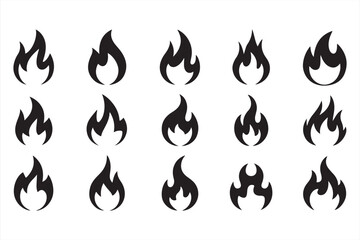 Set of 20 elegant and minimalist black and white flame icons with varying styles and shapes, perfect for fiery, bold designs