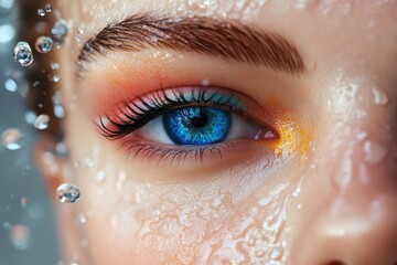 Close up of a woman's eye with colorful makeup and water droplets on skin. It can illustrate beauty, skincare, freshness, or emotional expression.