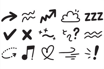 Dynamic Collection of Minimalist Abstract Icons in Black, Featuring Arrows, Hearts, Stars, Musical Notes, and More