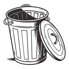 Classic Metal Trash Can With Lid In Vintage Hand Drawn Style On White Background