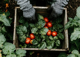 Hands gently placing tomatoes in a wooden crate