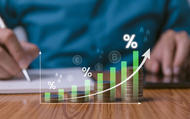 Financial growth chart with stacked coins and percentage symbols, person analyzing data. Investment...