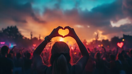 Woman making heart shape at concert with beautiful sunset sky. Ideal image to convey community, love, music, or festival vibes.