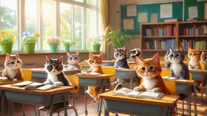Cute Cats Attending a Classroom Setting in Educational Environment .Generative AI