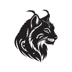 Stylized black and white lynx head illustration featuring sharp details, tufted ears, and an intense expression—ideal for branding, mascots, or tattoo art