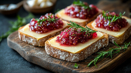Guava jam spread on bread with cheese. Tasty dessert for breakfast. Sweet jelly, homemade traditional Brazilian food. Delicious snack, epicure, breakfast table, wooden board caption space on the side 