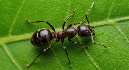 Fototapeta premium Ant on Leaf A macro view of tiny details in nature.
