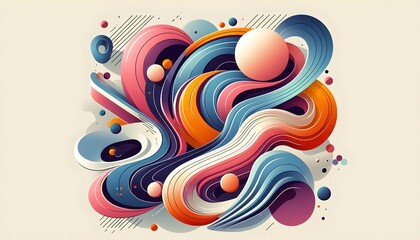 Modern vector design featuring asymmetrical bold shapes with swirling fluid lines and natural rhythm in layout using vibrant saturated tones for abstract artistic flow in poster-ready creative scene