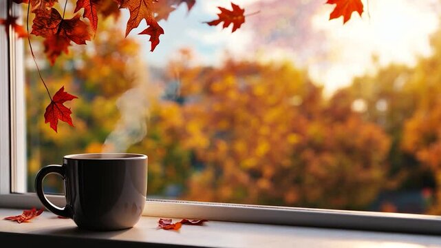 Mug with steam by window with autumn leaves fall season scene